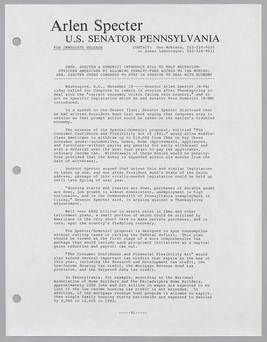Senators Specter and Domenici introduce bill to help recession-stricken Americans by allowing penalty-free access to IRA monies; Senator Specter urges Congress to stay in session to deal with economy