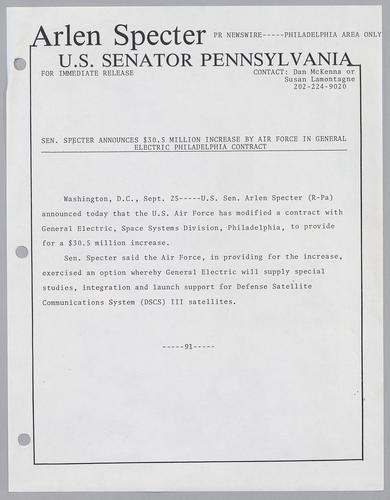 Senator Specter announces $30.5 million increase by Air Force in General Electric Philadelphia contract