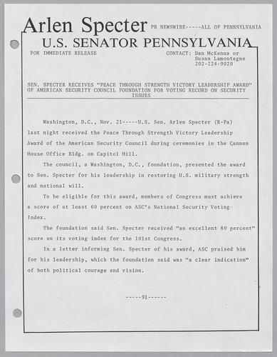Senator Specter receives "Peace Through Strength Victory Leadership Award" of American Security Council Foundation for voting record on security issues