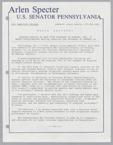 Senator Specter to meet with veterans on Tuesday, November 12, about deteriorating medical services for veterans in central PA