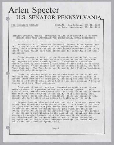 Senator Specter, others, introduce health care reform bill to make health care more affordable for individuals, small businesses