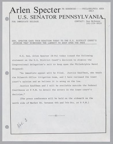 Senator Specter gave this reaction today to the U.S. District Court's opinion that dismisses the lawsuit to keep open the PNSY