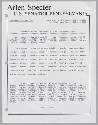 Statement by Senator Specter on Freind announcement