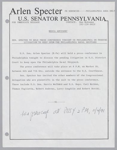 Senator Specter to hold press conference tonight in Philadelphia on pending litigation to keep open the Philadelphia Naval Shipyard
