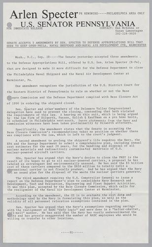 Senate accepts 3 amendments by Senator Specter to defense appropriations bill that seek to keep open Philadelphia Naval Shipyard and Naval Air Development Center, Warminster