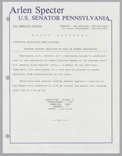 Senator Specter reaction to vote on Thomas nomination