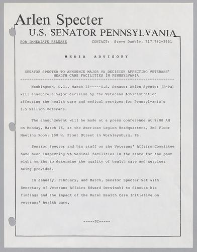 Senator Specter to announce major VA decision affecting veterans' health care facilities in Pennsylvania