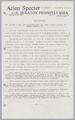 Senator Specter to meet with Philadelphia-area Pell grant college students on Monday, March 9