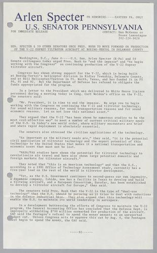 Senator Specter and 39 other Senators urge President Bush to move forward on production of the V-22 Osprey tiltrotor aircraft at Boeing-Vertol in Delaware County
