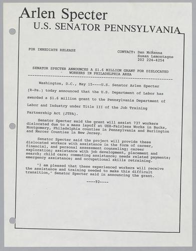 Senator Specter announces $1.6 million grant for dislocated workers in Philadelphia area