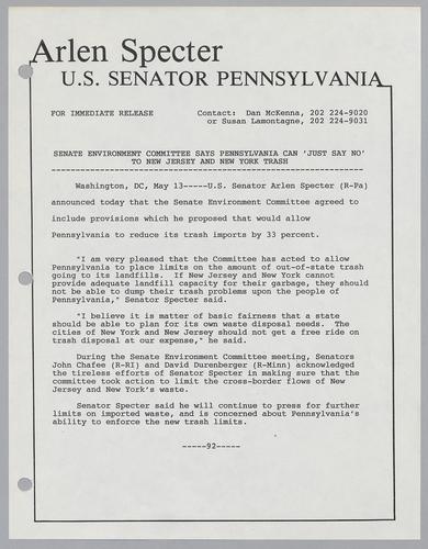Senate Environment Committee says Pennsylvania can "just say no" to New Jersey and New York trash