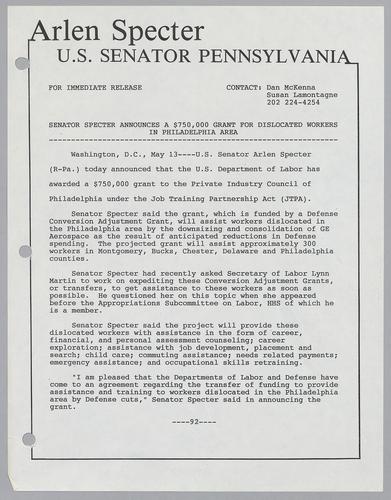 Senator Specter announces a $750,000 grant for dislocated workers in Philadelphia area