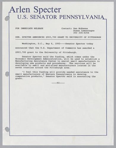 Senator Specter announces $903,700 grant to University of Pittsburgh