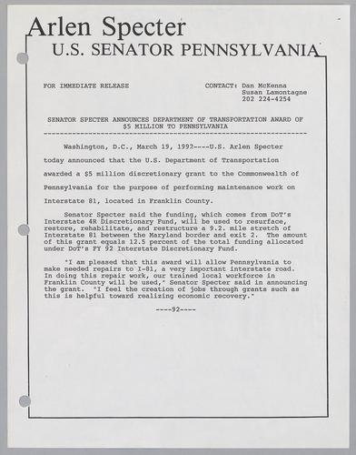 Senator Specter announces Department of Transportation award of $5 million to Pennsylvania