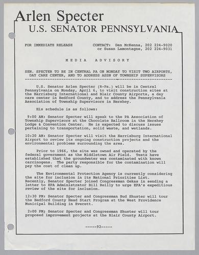Senator Specter to be in central Pennsylvania on Monday to visit two airports, day care center, and to address Association of Township Supervisors