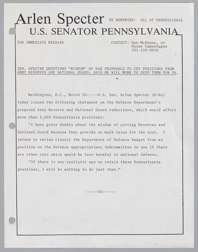Senator Specter questions "wisdom" of DOD proposals to cut positions from Army reserves and National Guard; says he will work to keep them for PA