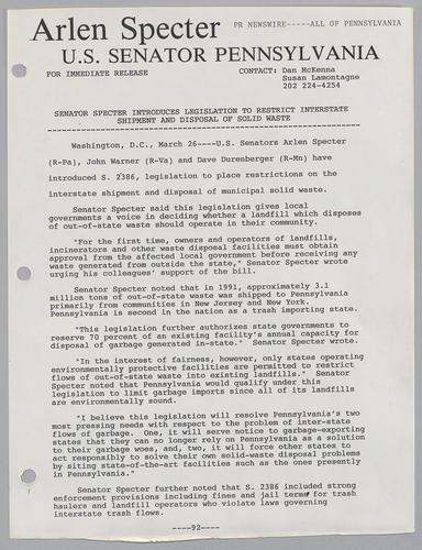 Senator Specter introduces legislation to restrict interstate shipment and disposal of solid waste