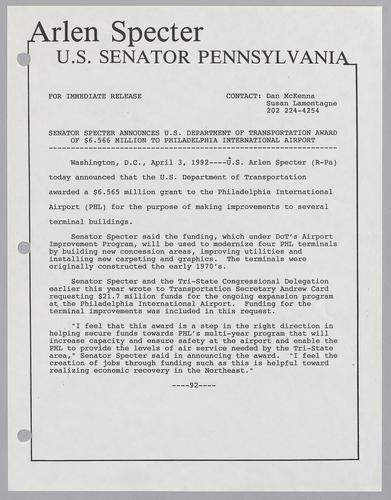 Senator Specter announces U.S. Department of Transportation award of $6.566 million to Philadelphia International Airport