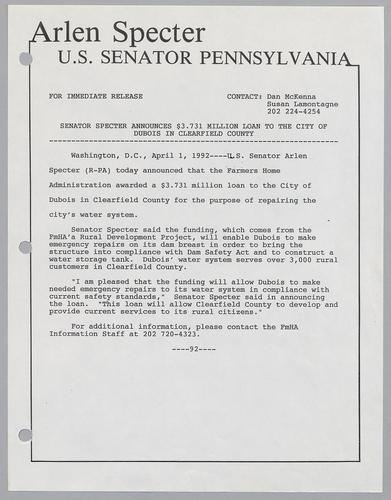 Senator Specter announces $3.731 million loan to the city of DuBois in Clearfield County