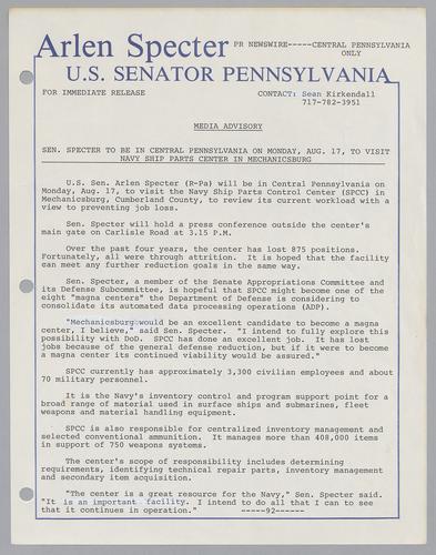 Senator Specter to be in central Pennsylvania on Monday, August 17, to visit Navy ship parts center in Mechanicsburg