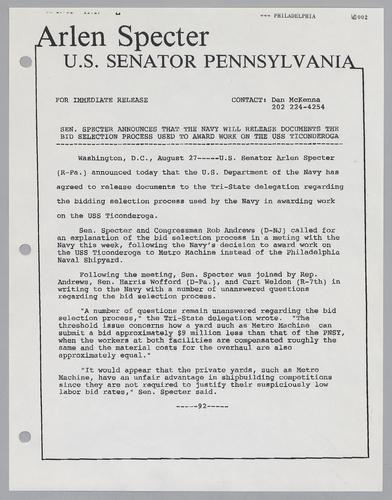 Senator Specter announces that the Navy will release documents the bid selection process used to award work on the U.S.S. Ticonderoga