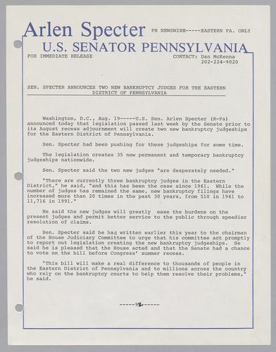 Senator Specter announces two new bankruptcy judges for the Eastern District of Pennsylvania