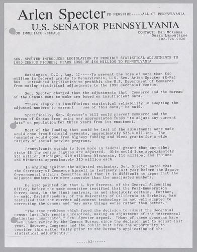 Senator Specter introduces legislation to prohibit statistical adjustments to 1990 census figures; fears loss of $40 million to Pennsylvania