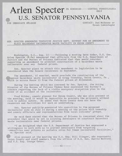 Senator Specter announces tentative Justice Department support for an amendment to block hazardous incinerator waste facility in Union County