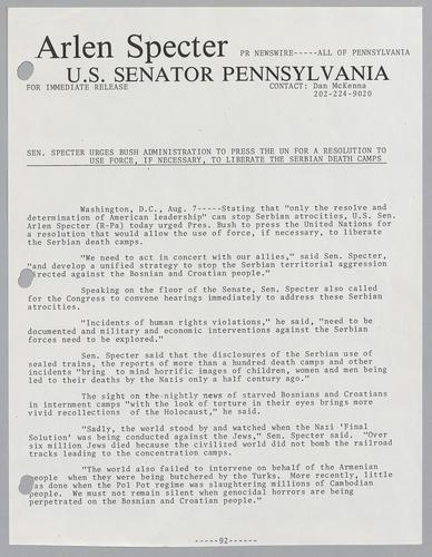 Senator Specter urges Bush Administration to press the UN for a resolution to use force, if necessary, to liberate the Serbian death camps