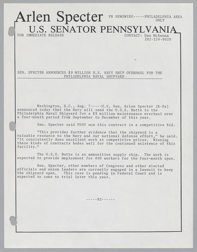 Senator Specter announces $9 million U.S. Navy ship overhaul for the Philadelphia Naval Shipyard