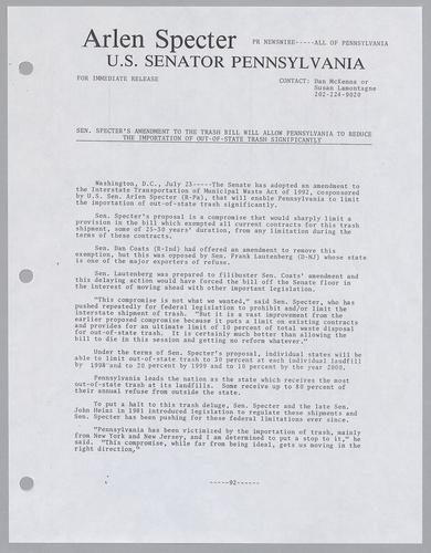 Senator Specter's amendment to the trash bill will allow Pennsylvania to reduce the importation of out-of-state trash significantly