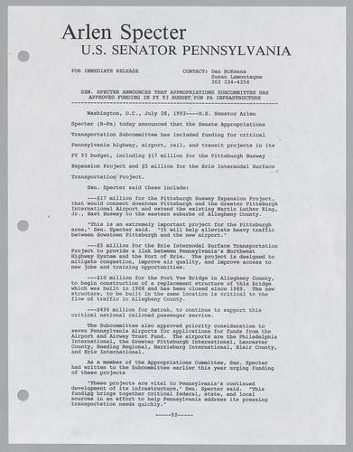 Senator Specter announces that appropriations subcommittee has approved funding in fiscal year 1993 budget for PA infrastructure