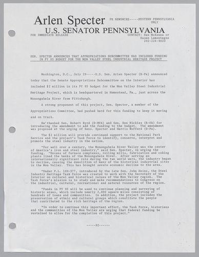 Senator Specter announces that appropriations subcommittee has included funding in fiscal year 1993 for the Mon Valley Steel Industrial Heritage Project