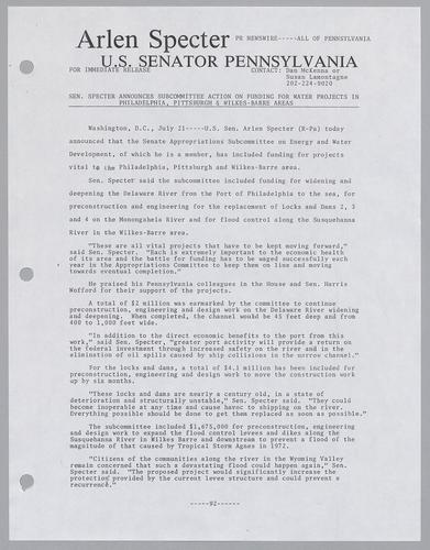 Senator Specter announces subcommittee action on funding for water projects in Philadelphia, Pittsburgh, and Wilkes-Barre areas