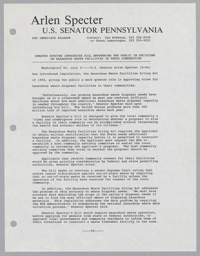 Senator Specter introduces bill empowering the public in decisions on hazardous waste facilities in their communities