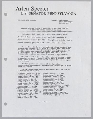 Senator Specter announces Pennsylvania receives $586,000 to start up school breakfast programs