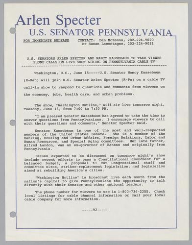 U.S. Senators Arlen Specter and Nancy Kassebaum to take viewer phone calls on live show airing on Pennsylvania cable TV