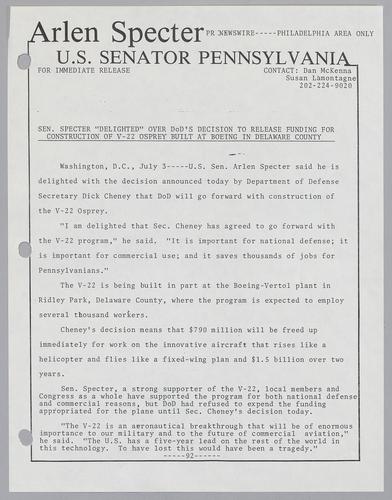 Senator Specter "delighted" over DOD's decision to release funding for construction of V-22 Osprey built at Boeing in Delaware County