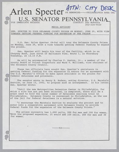 Senator Specter to tour Delaware County prison on Monday, June 29, with view towards getting federal funding for expansion of the prison