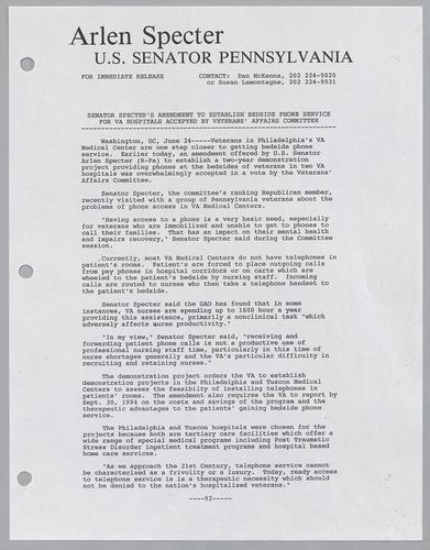 Senator Specter's amendment to establish bedside phone service for VA hospitals accepted by Veterans Affairs Committee