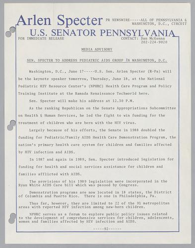 Senator Specter to address pediatric AIDS group in Washington, D.C.