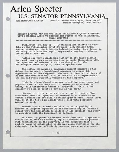 Senator Specter and the tri-state delegation request meeting with Secretary Aspin to discuss the future of the Philadelphia Naval Shipyard