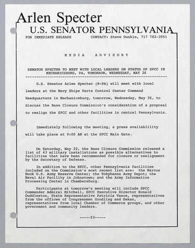 Senator Specter to meet with local leaders on status of SPCC in Mechanicsburg, PA, tomorrow, Wednesday, May 26