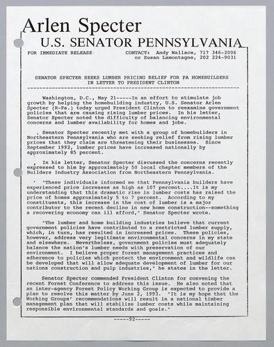 Senator Specter seeks lumber pricing relief for PA homebuilders in letter to President Clinton