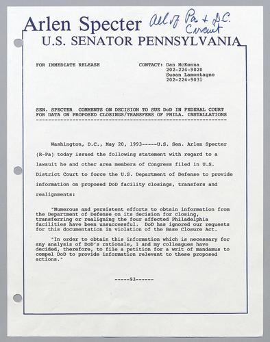 Senator Specter comments on decision to sue DOD in federal court for data proposed closings/transfers of Philadelphia installations