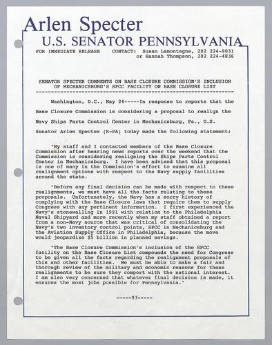 Senator Specter comments on Base Closure Commission's inclusion of Mechanicsburg's SPCC facility on base closure list