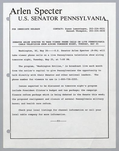 Senator Specter to take viewer phone calls on live Pennsylvania cable television show airing tomorrow night, Tuesday, May 25