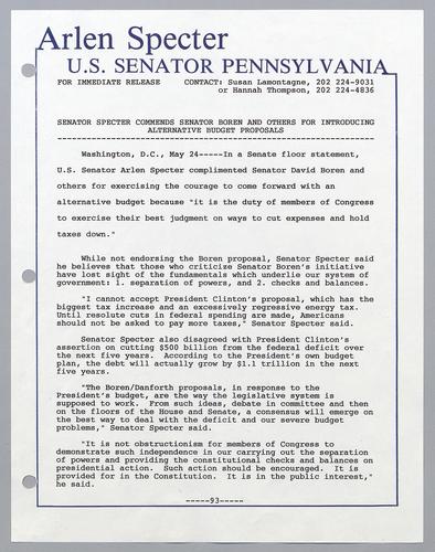 Senator Specter commends Senator Boren and others for introducing alternative budget proposals