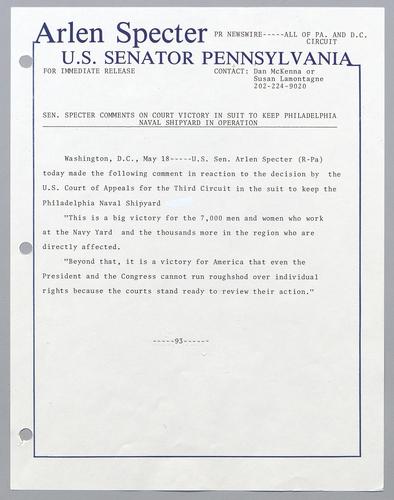 Senator Specter comments on court victory in suit to keep Philadelphia Naval Shipyard in operation