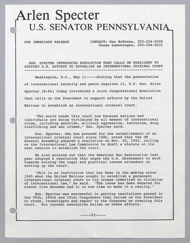 Senator Specter introduces resolution that call on President to support U.N. efforts to establish an international criminal court